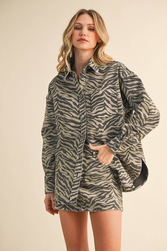 Katie Zebra Denim Shirt and Skirt Set