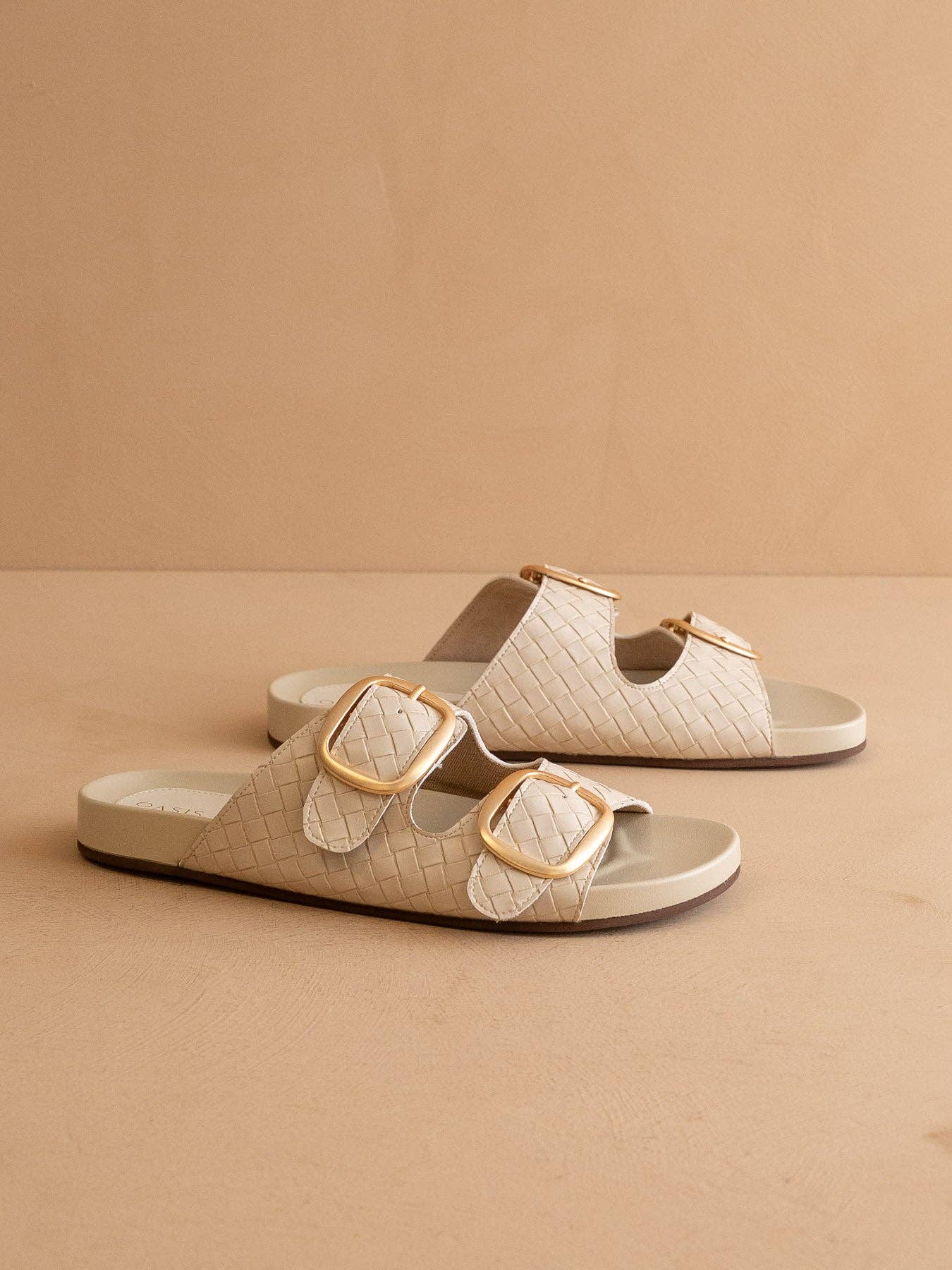 The Desiree | Beige Woven Slide with Oversized Gold Buckles