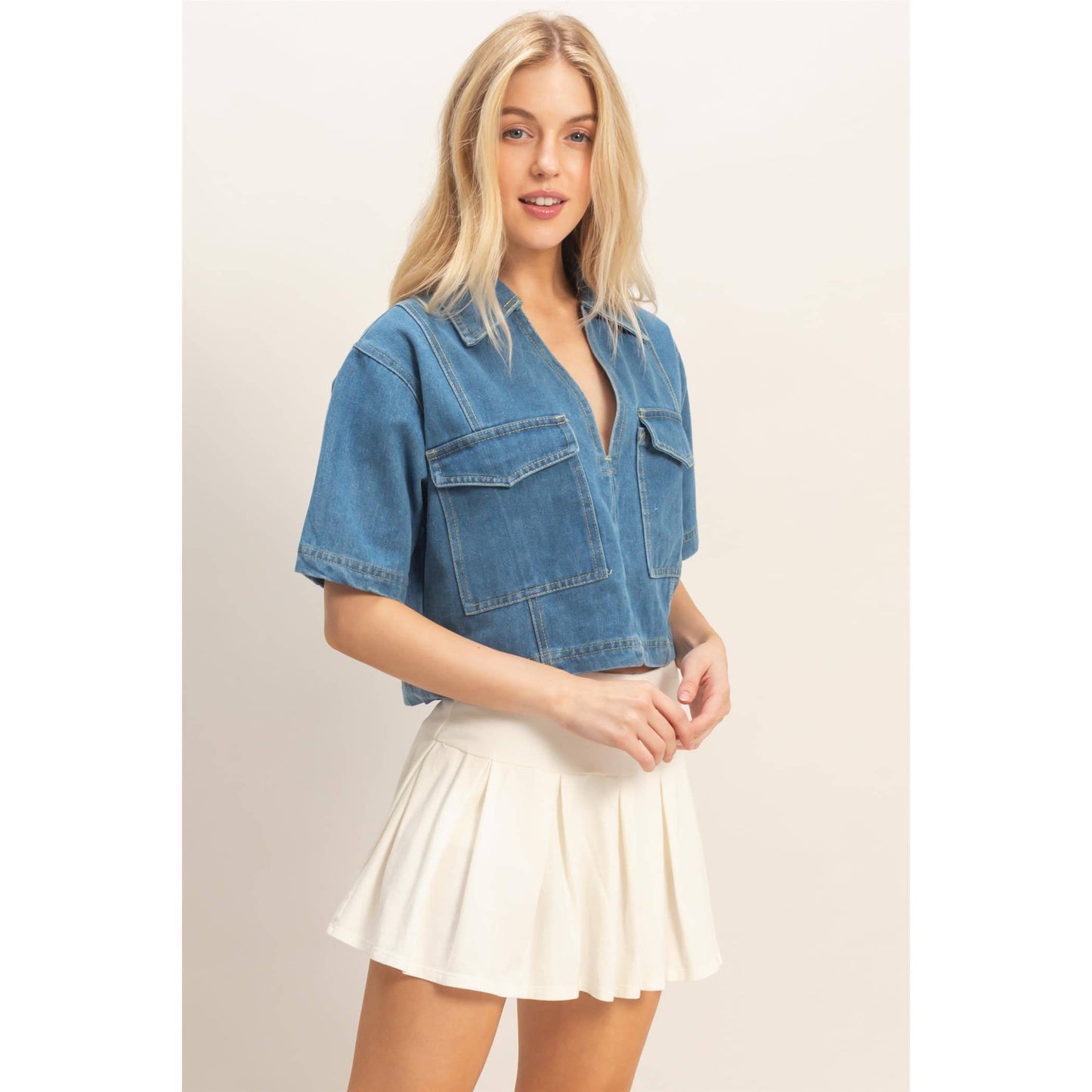 Ashley Denim V-Neck Cropped Top