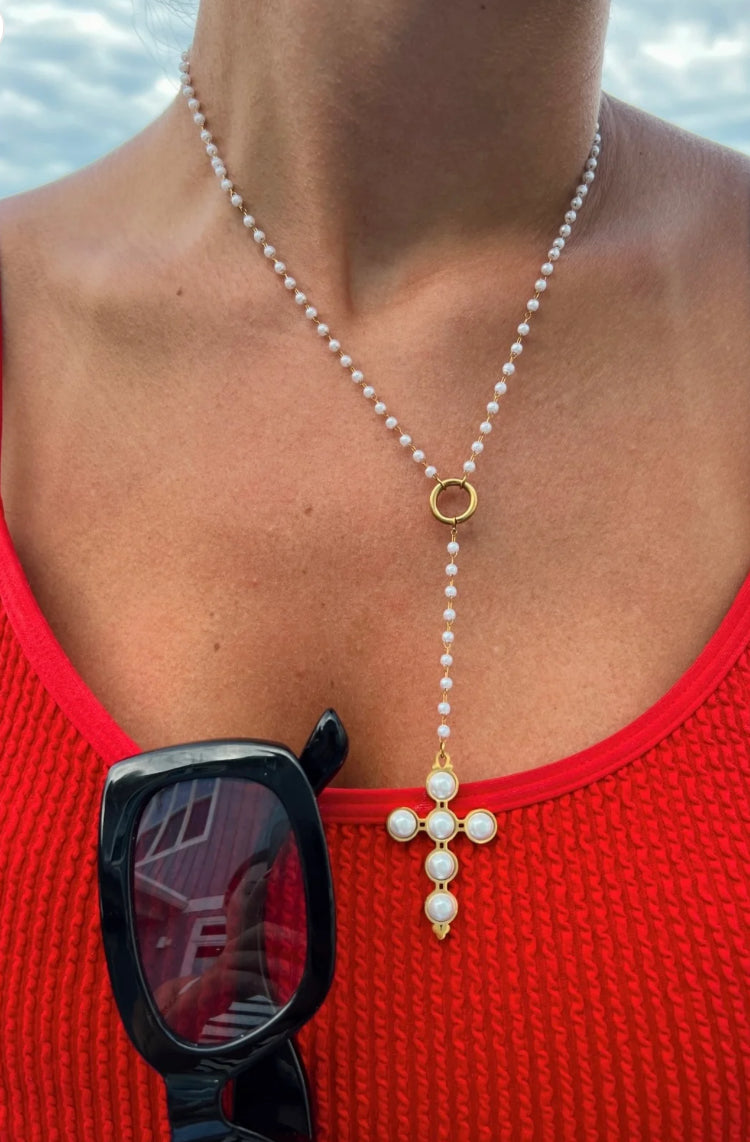 Lariat Pearl Cross Necklace | WATERPROOF JEWELRY