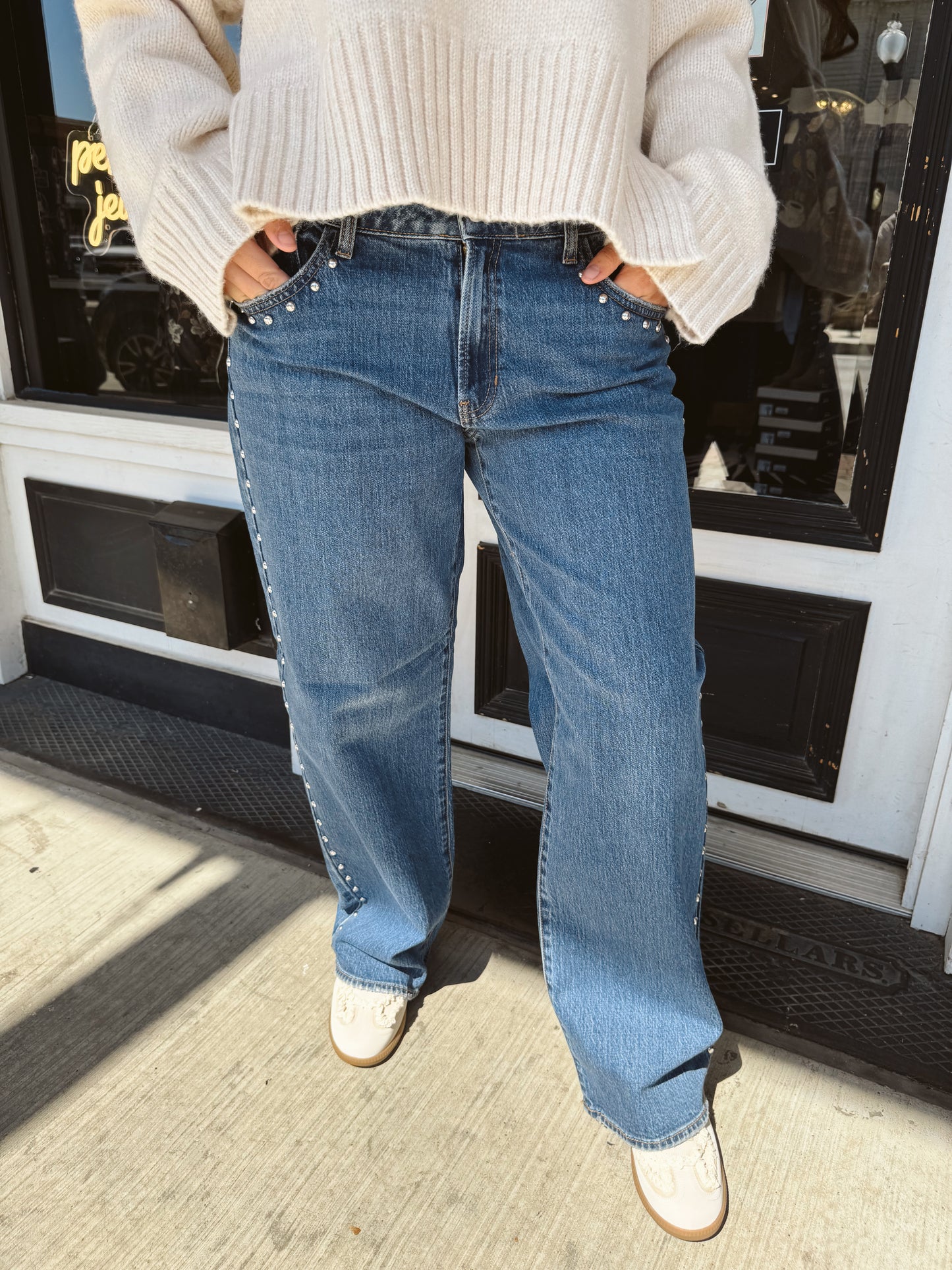 Raya Low Rise Studded Baggy Jean