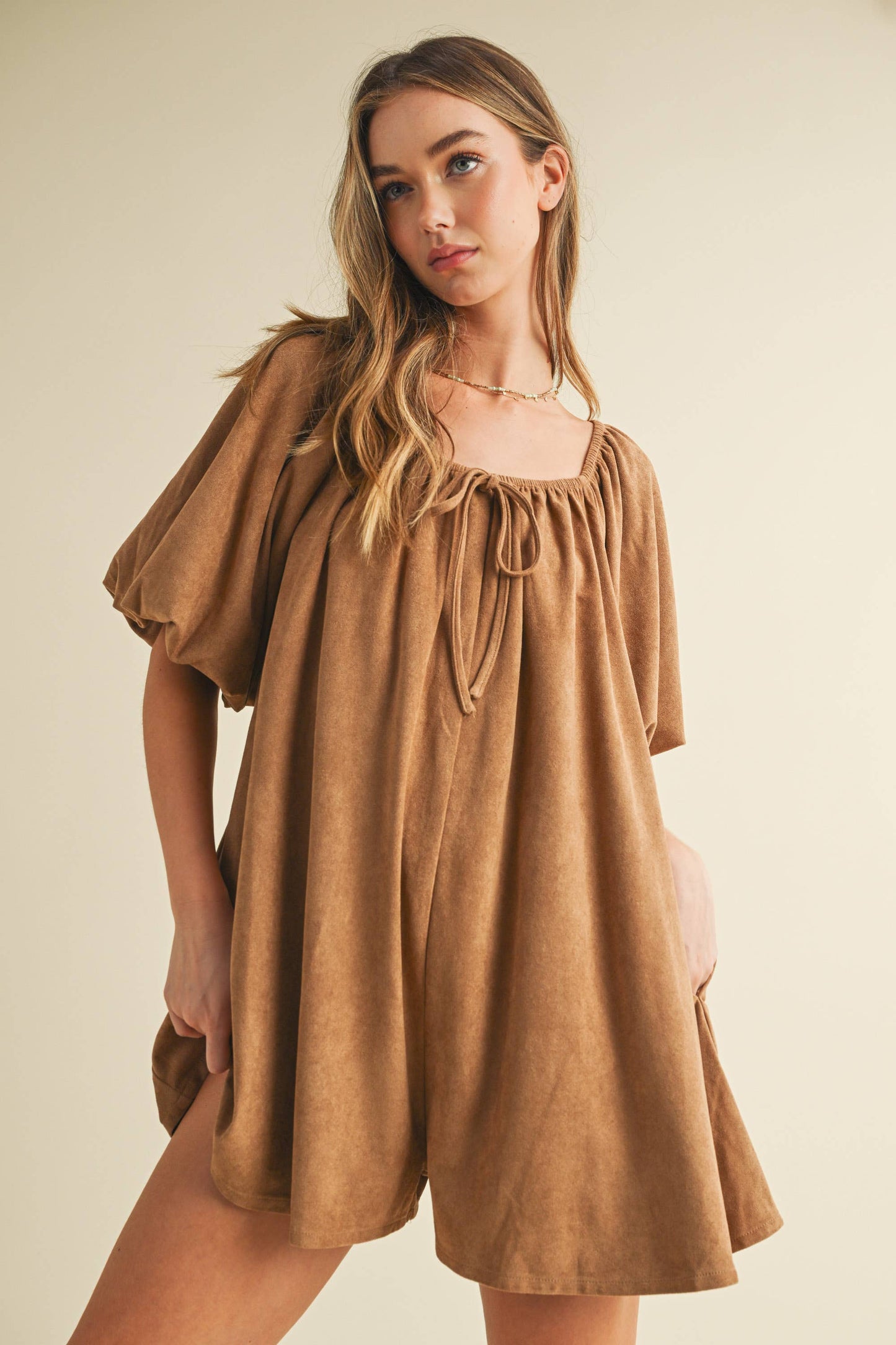 Ginny Suede Puff Sleeve Romper