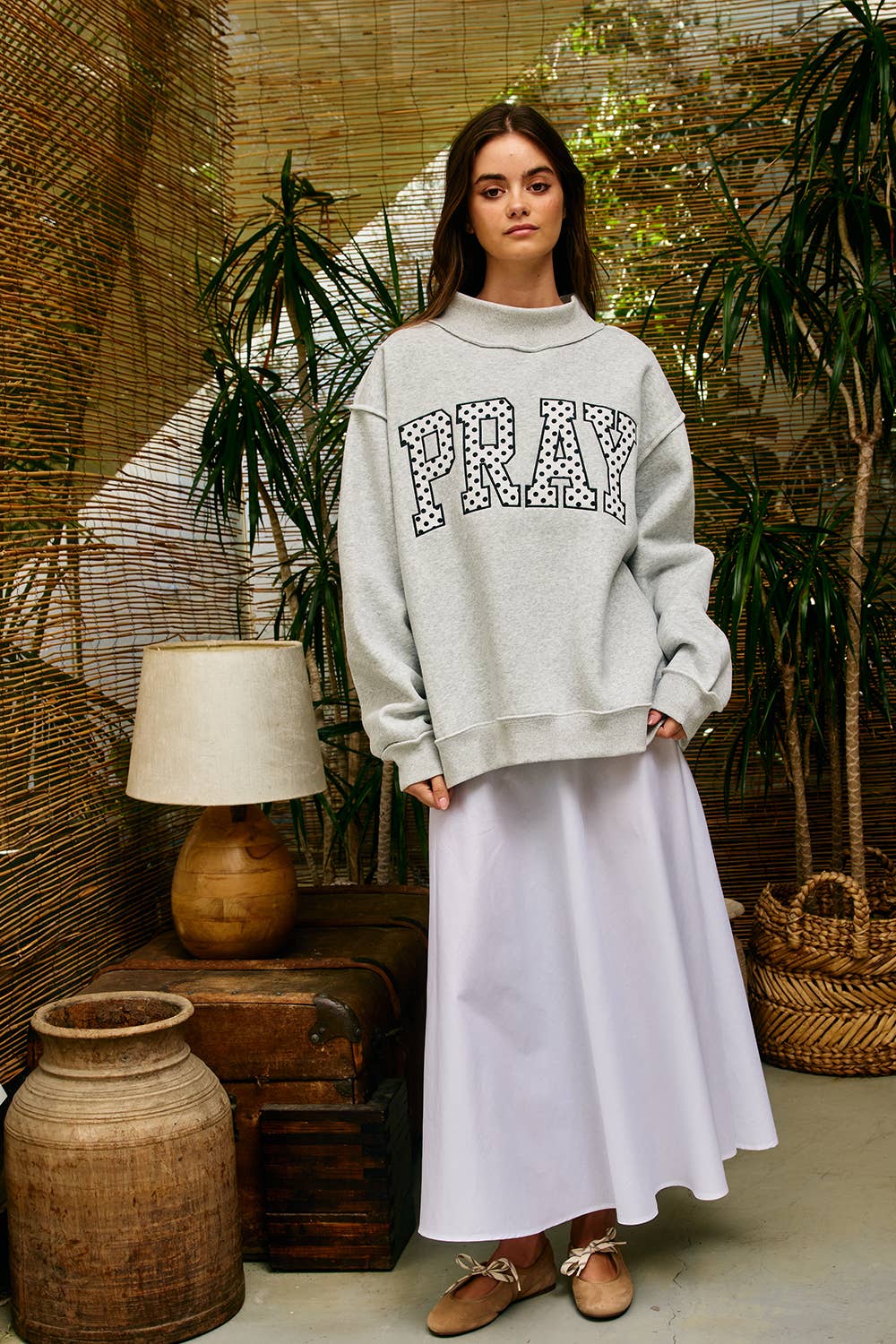 "PRAY" Polka Dot Mock Neck