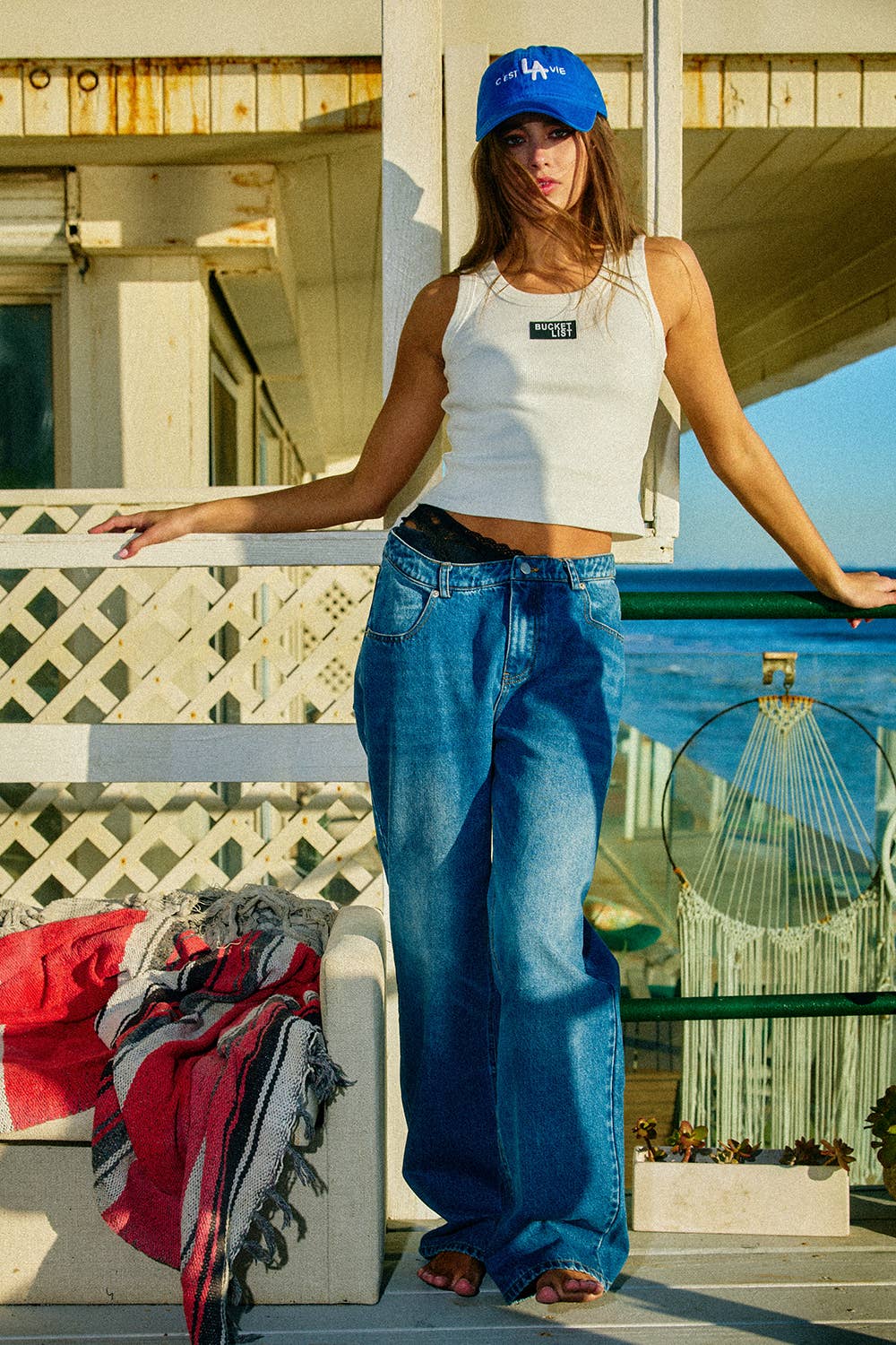 'BUCKETLIST' Letter Patched Ribbed Tank Top