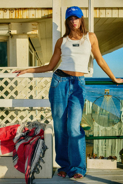 'BUCKETLIST' Letter Patched Ribbed Tank Top