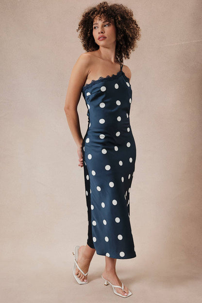 Dolly Asymmetrical Polka Dot Midi Dress