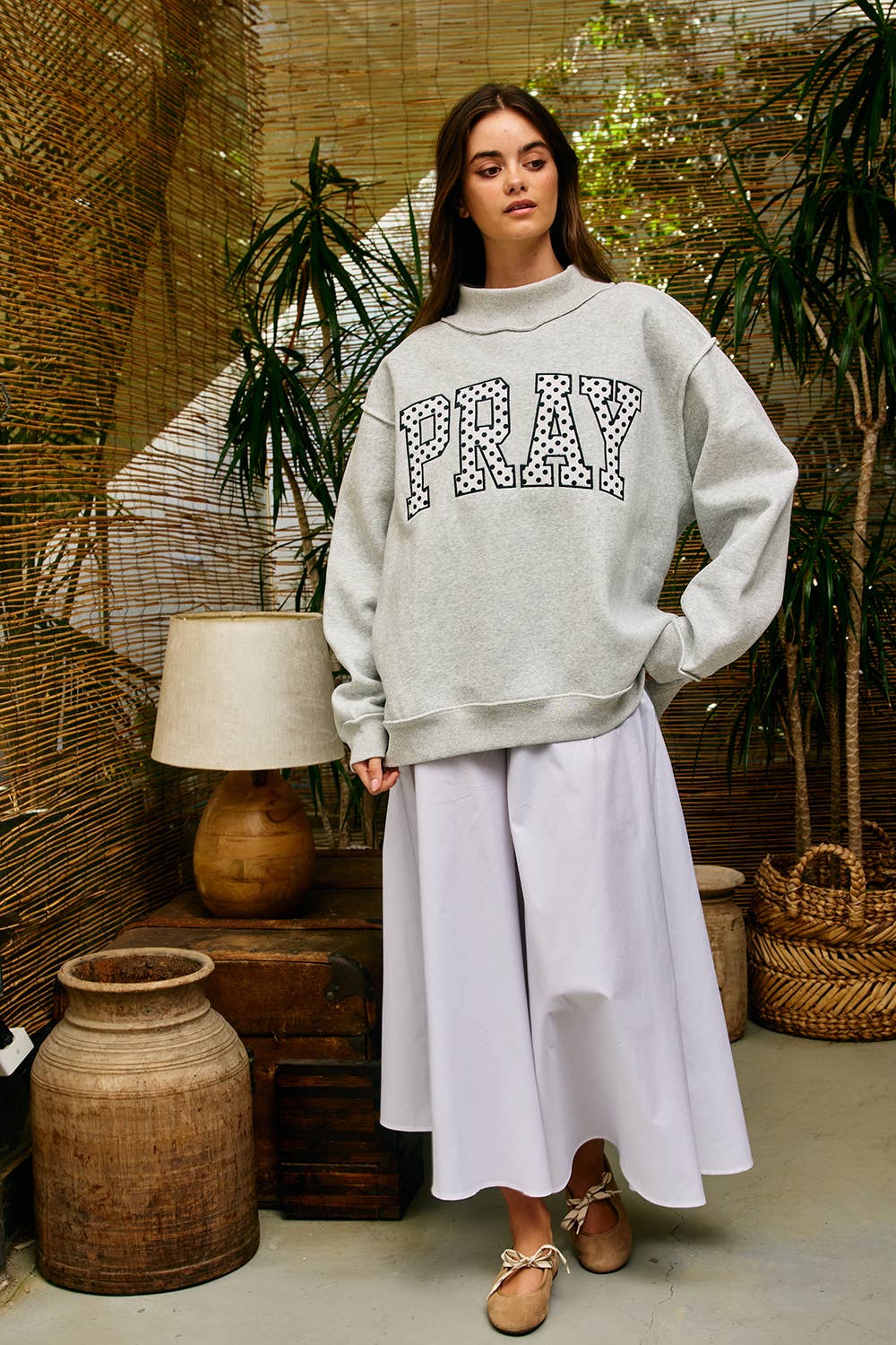"PRAY" Polka Dot Mock Neck