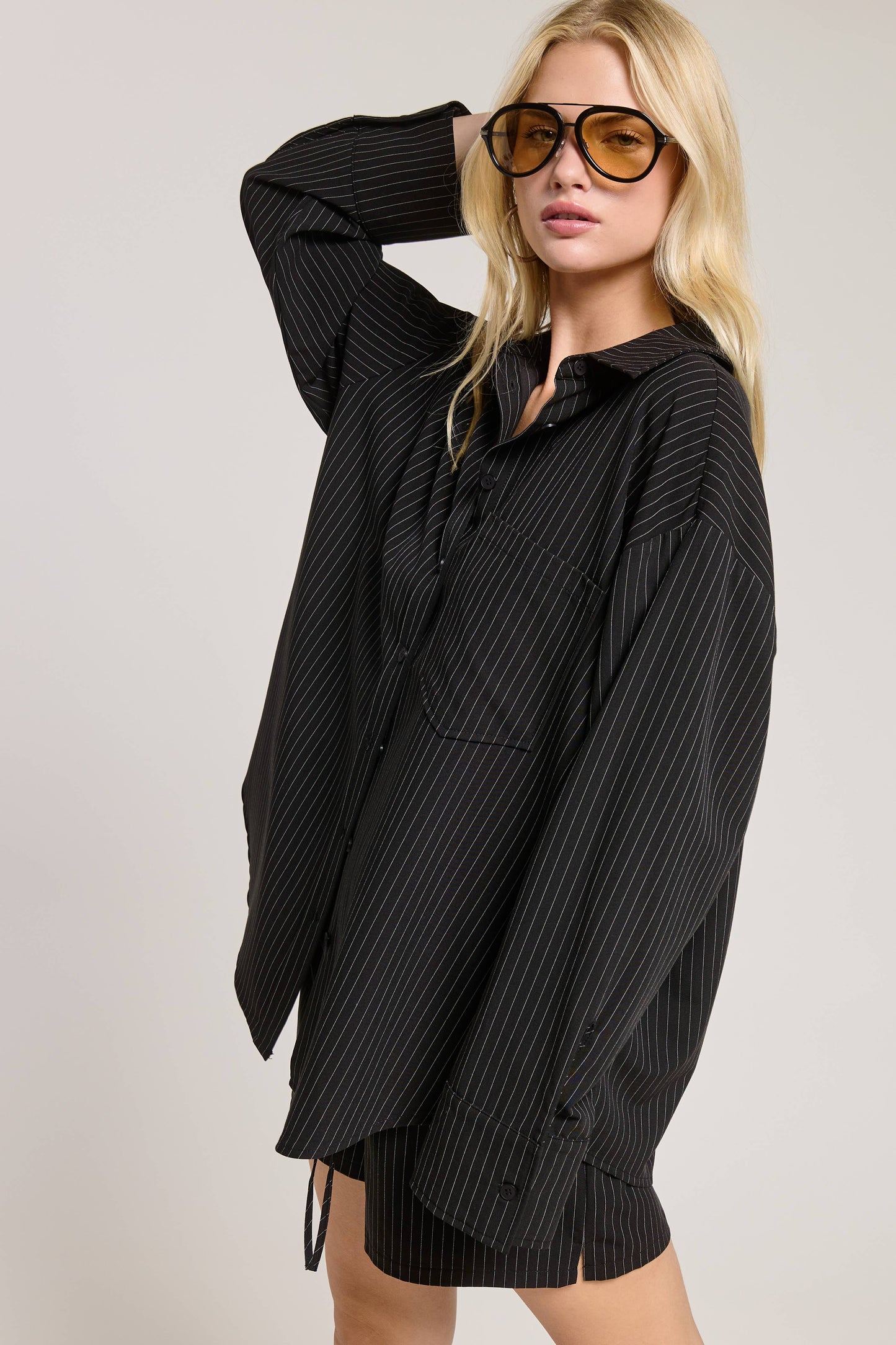 Gia Pinstripe Button Down Shirt and Shorts Set