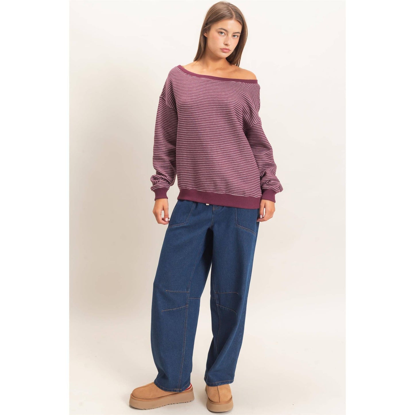 Hallie Striped Off The Shoulder Sweatshirt