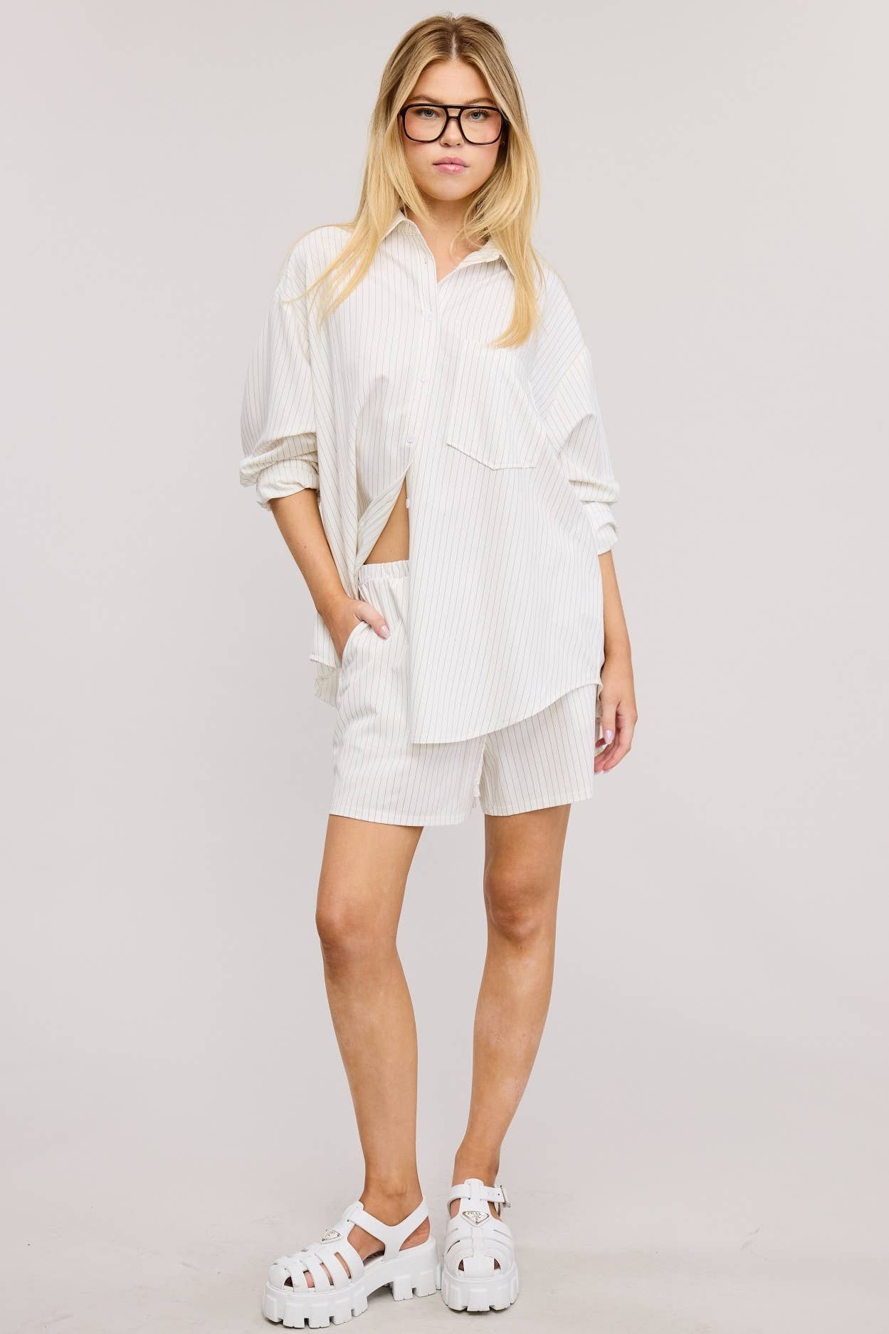 Gia Pinstripe Button Down Shirt and Shorts Set