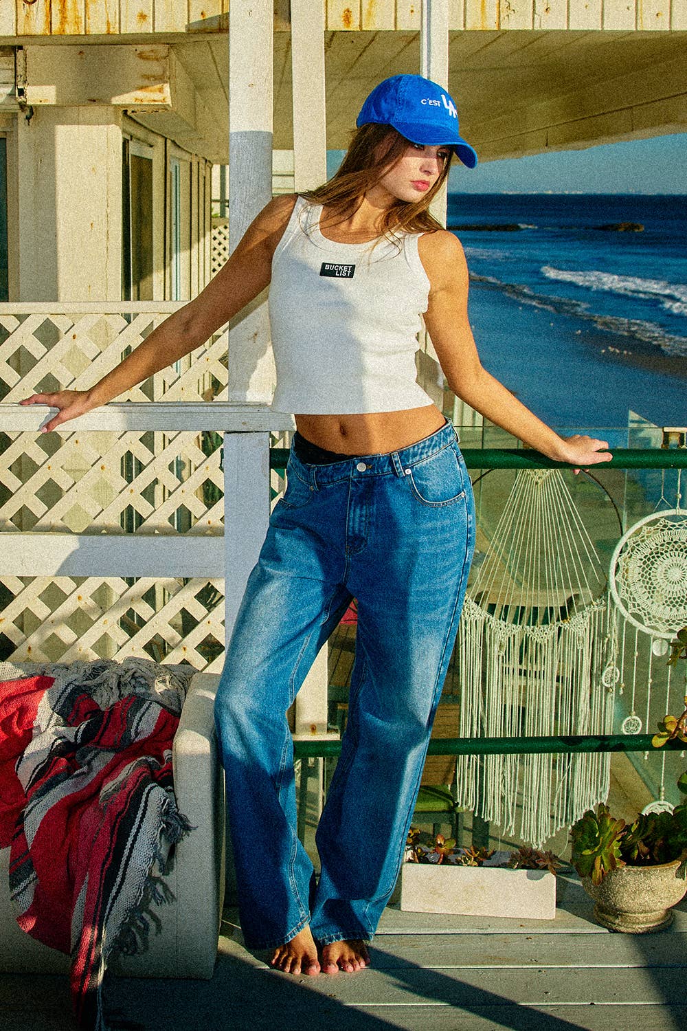 'BUCKETLIST' Letter Patched Ribbed Tank Top