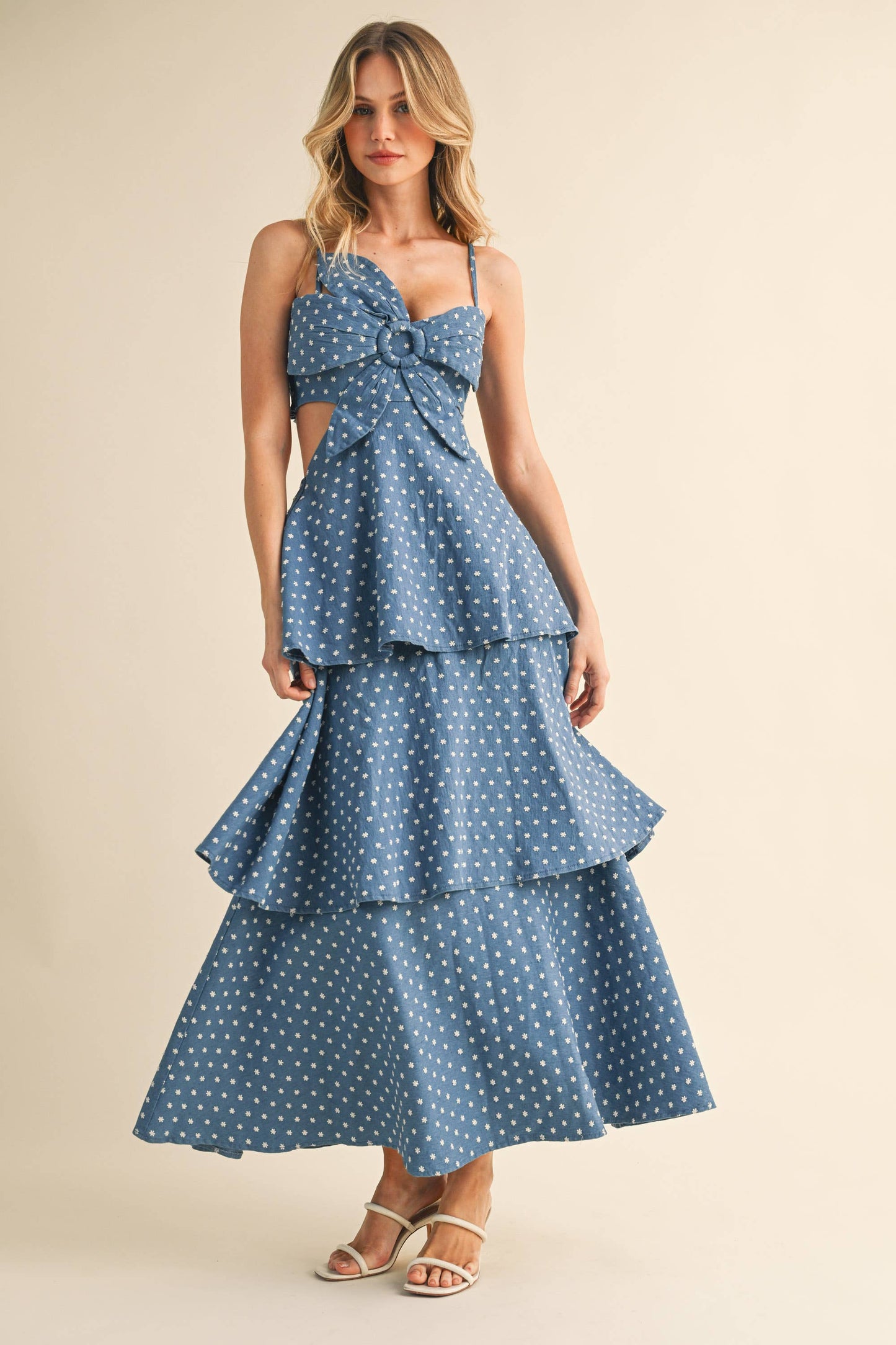 Ditsy Denim Floral Tiered Maxi Dress
