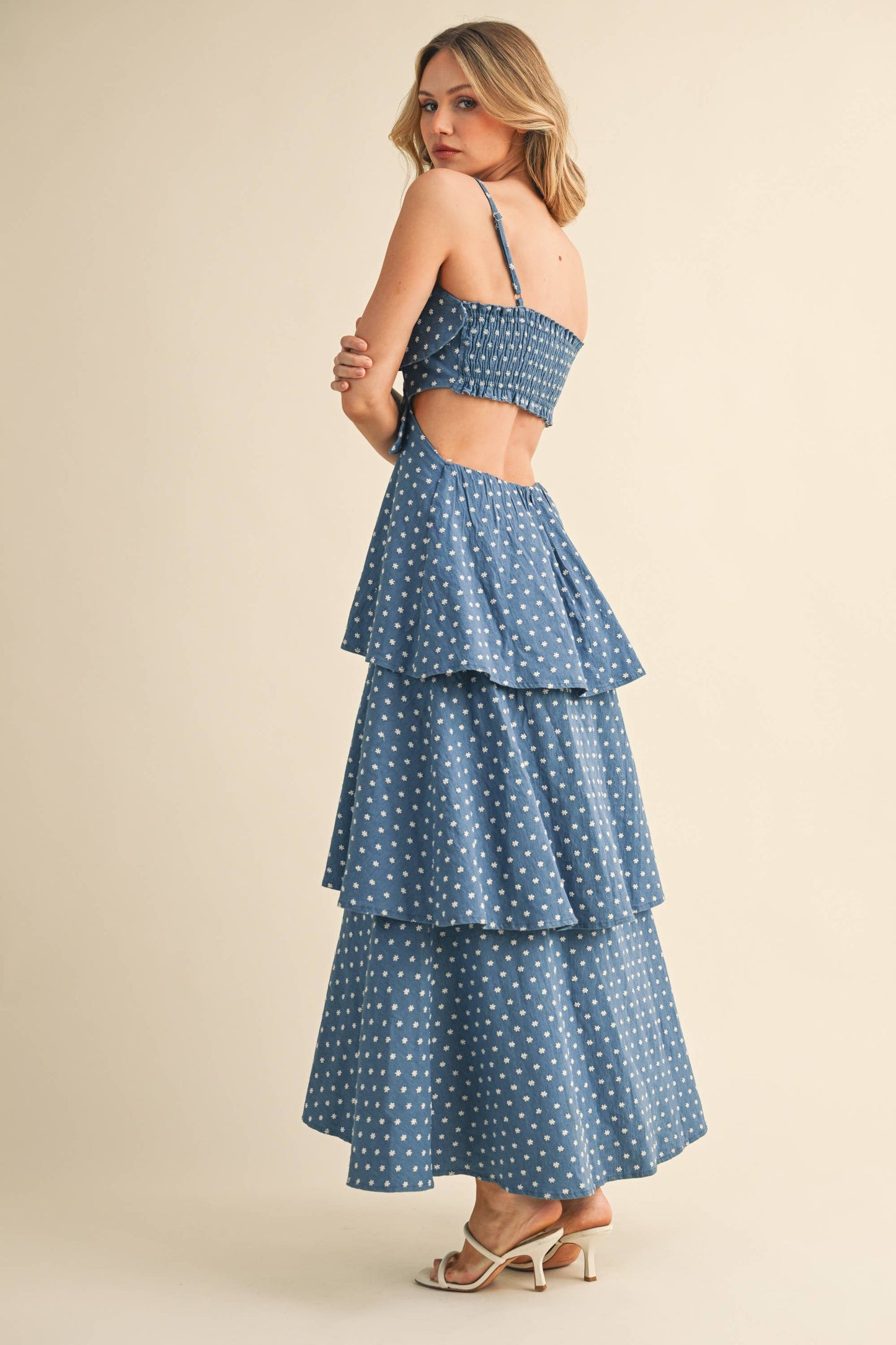 Ditsy Denim Floral Tiered Maxi Dress