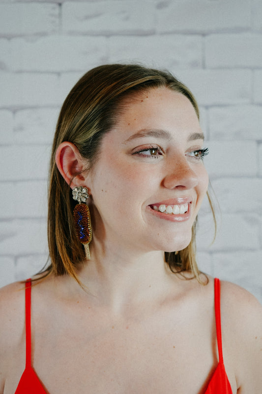 beaded corn dog inspired earrings for July 4th or Memorial Day
