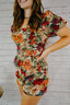 tan tapestry material puff sleeve romper with belt floral