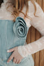 denim corset top with rhinestone rose detail