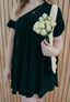 black asymmetrical mini puff sleeve dress