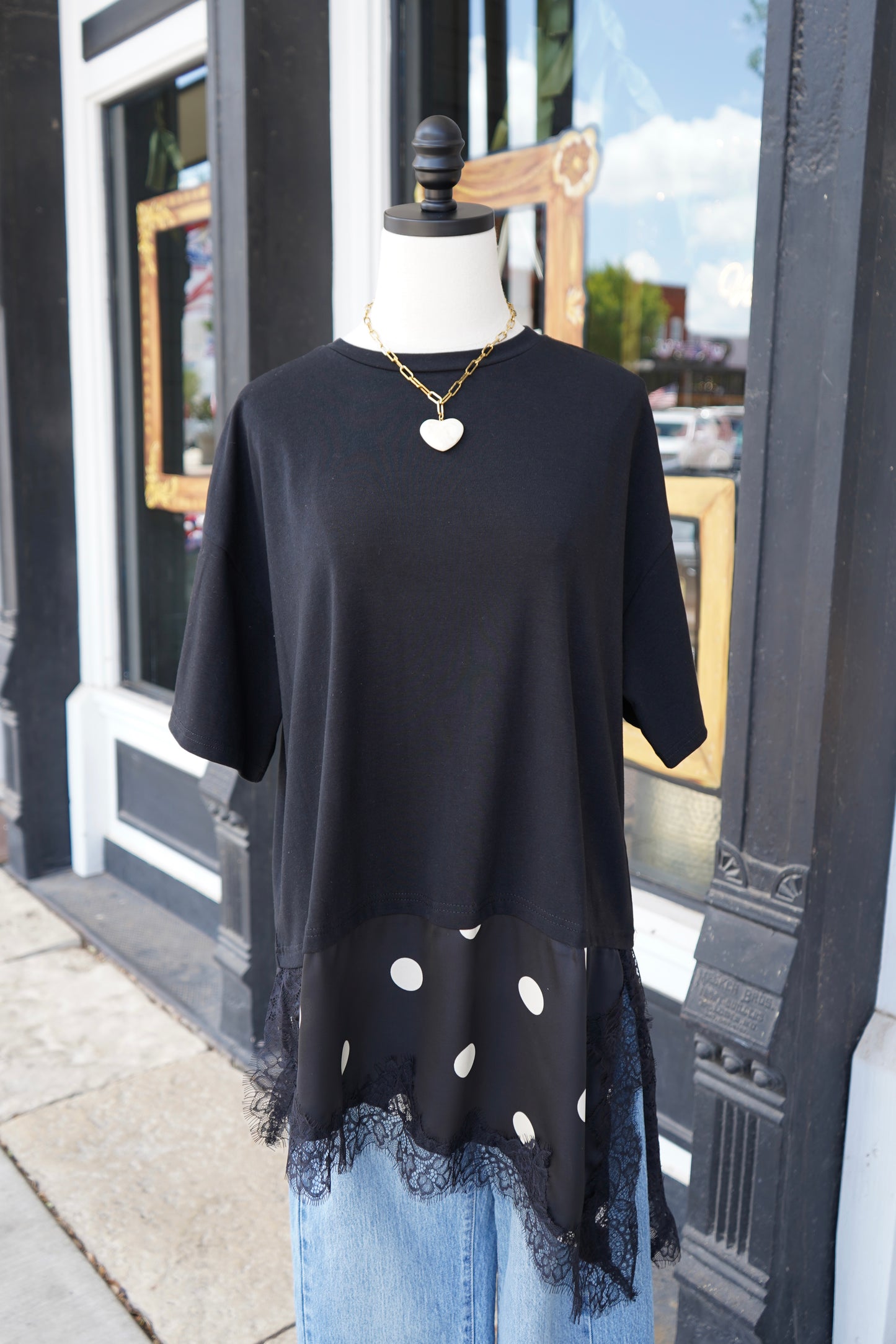 Haven Asymmetrical Polka Dot Lace Hem Top