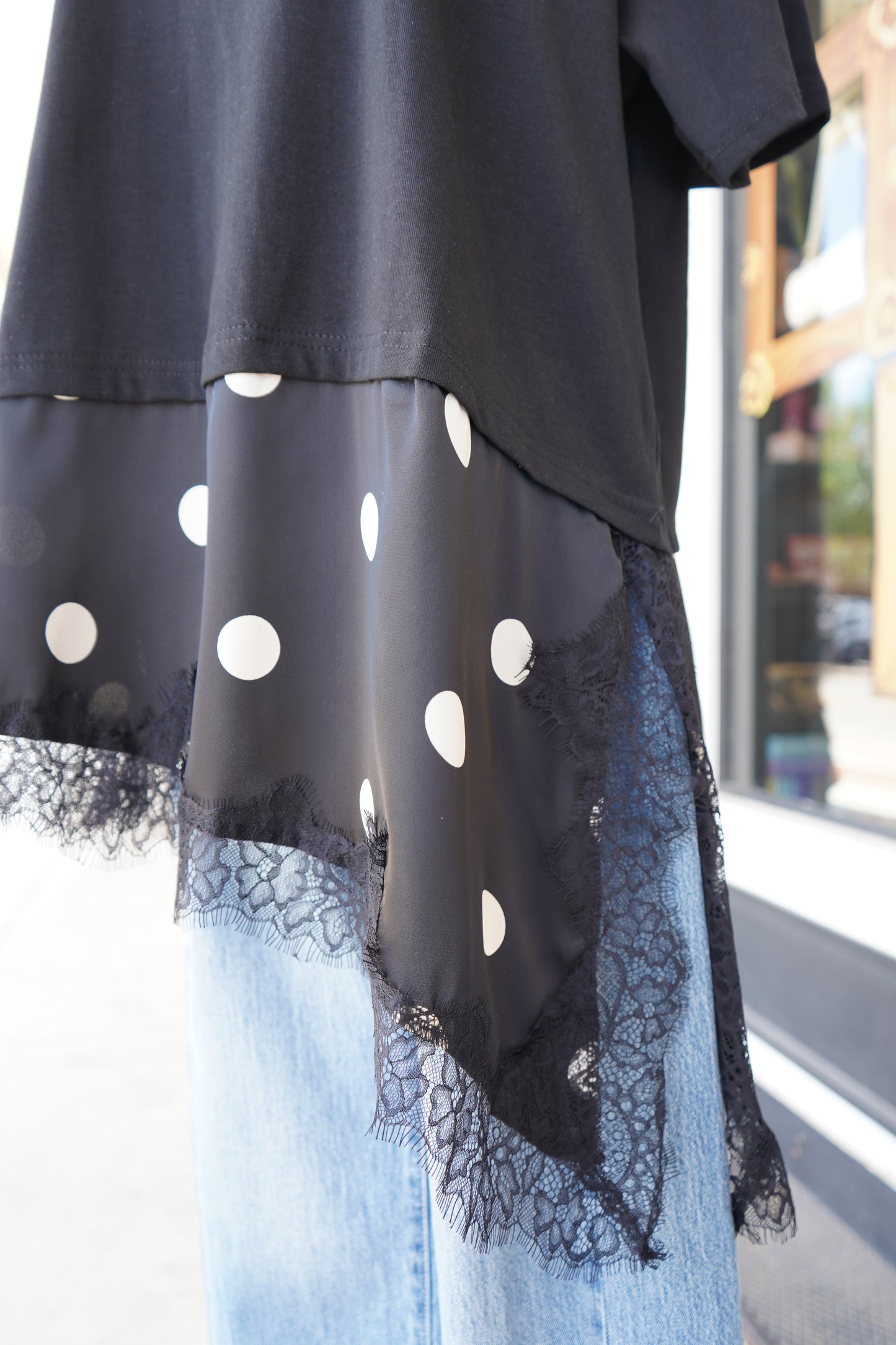 Haven Asymmetrical Polka Dot Lace Hem Top