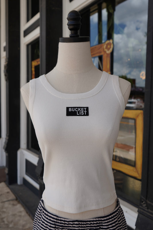 'BUCKETLIST' Letter Patched Ribbed Tank Top
