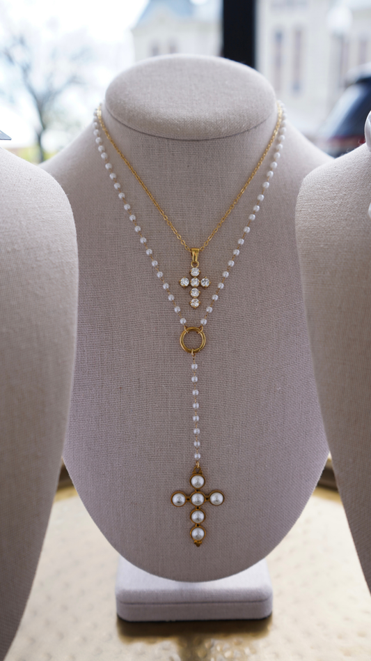 Lariat Pearl Cross Necklace | WATERPROOF JEWELRY