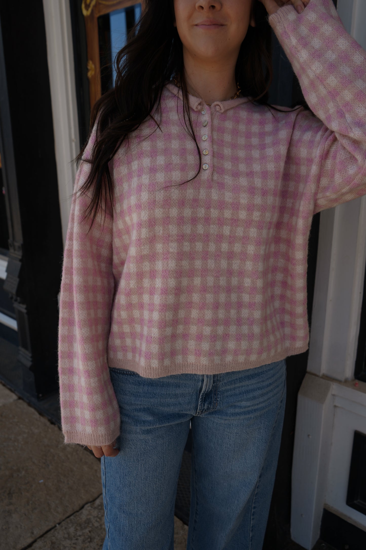 Maddie Gingham Henley Sweater