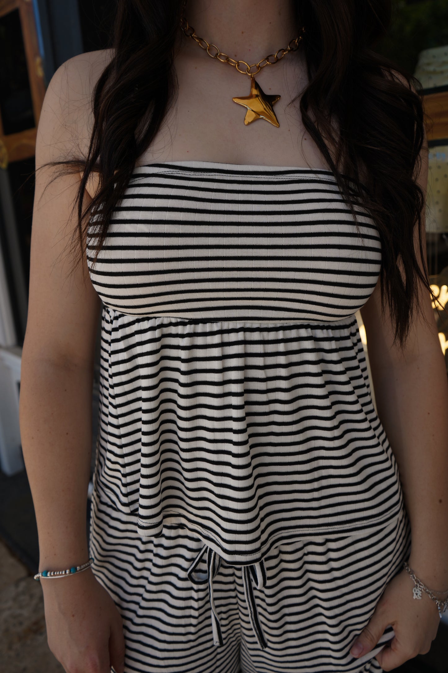 Nell Striped Strapless Peplum Top