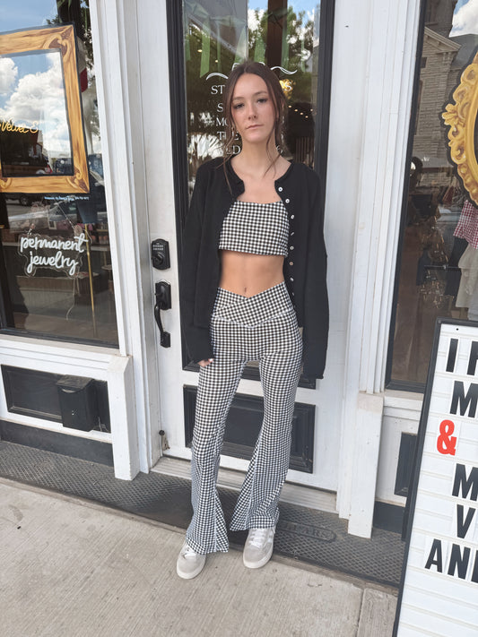 Alice Gingham Print High Waist Crossover Flare Legging