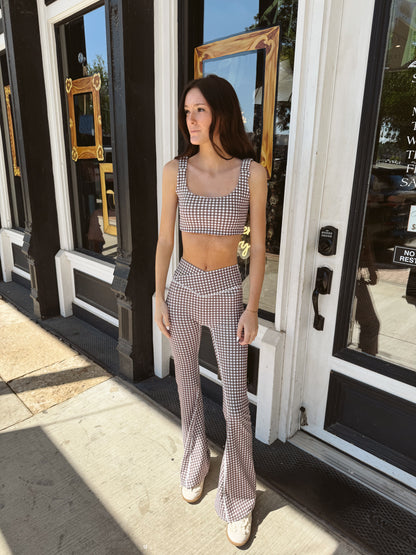 Alice Gingham Print High Waist Crossover Flare Legging