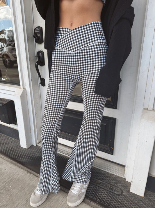 Alice Gingham Print High Waist Crossover Flare Legging