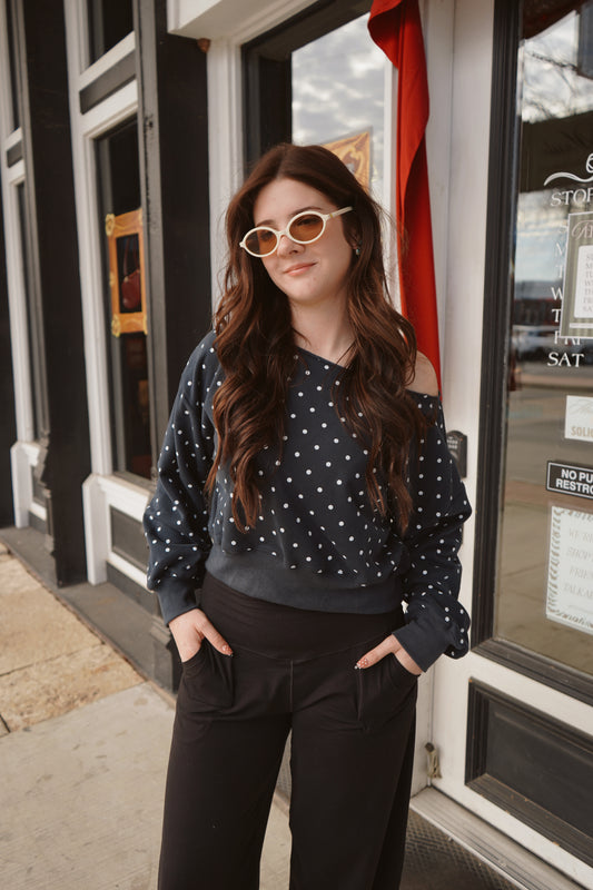 Sarah Off Shoulder Polka Dot Crew