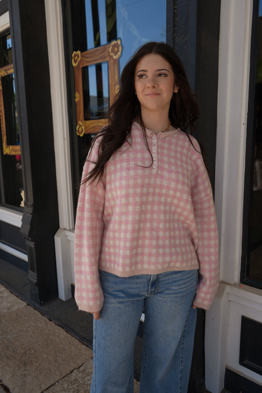 Maddie Gingham Henley Sweater