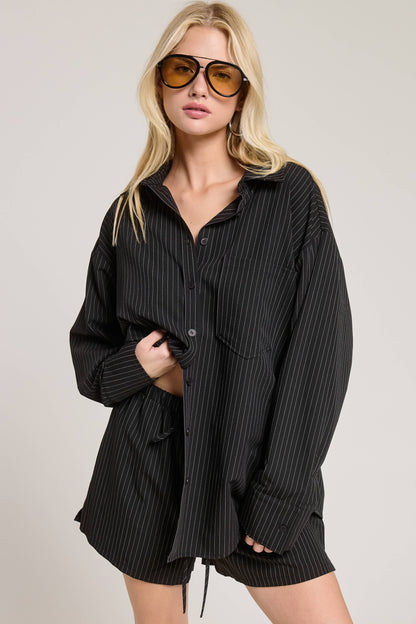 Gia Pinstripe Button Down Shirt and Shorts Set