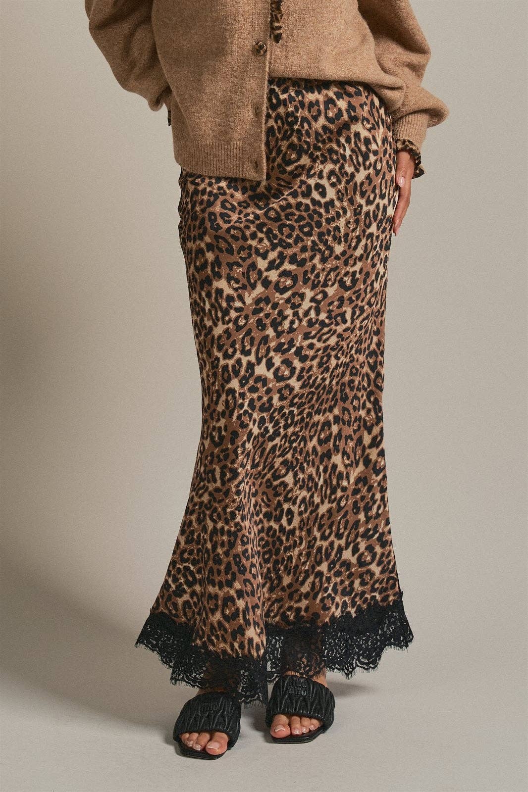 Bri Leopard Print Satin Maxi Skirt