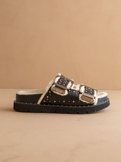 The Gaylen | Black Studded Buckle Fleece-Lined Slide