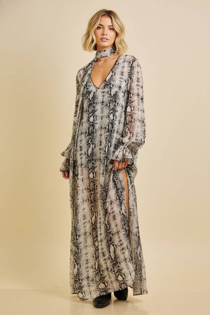 Caroline Snake Print Maxi Dress with Scarf
