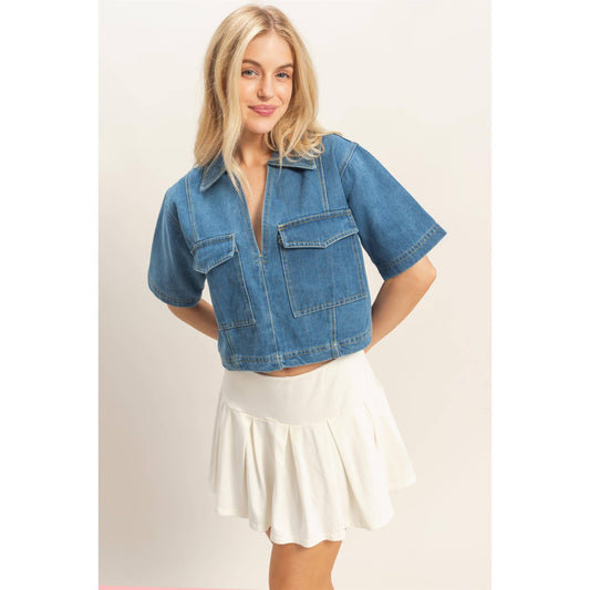 Ashley Denim V-Neck Cropped Top