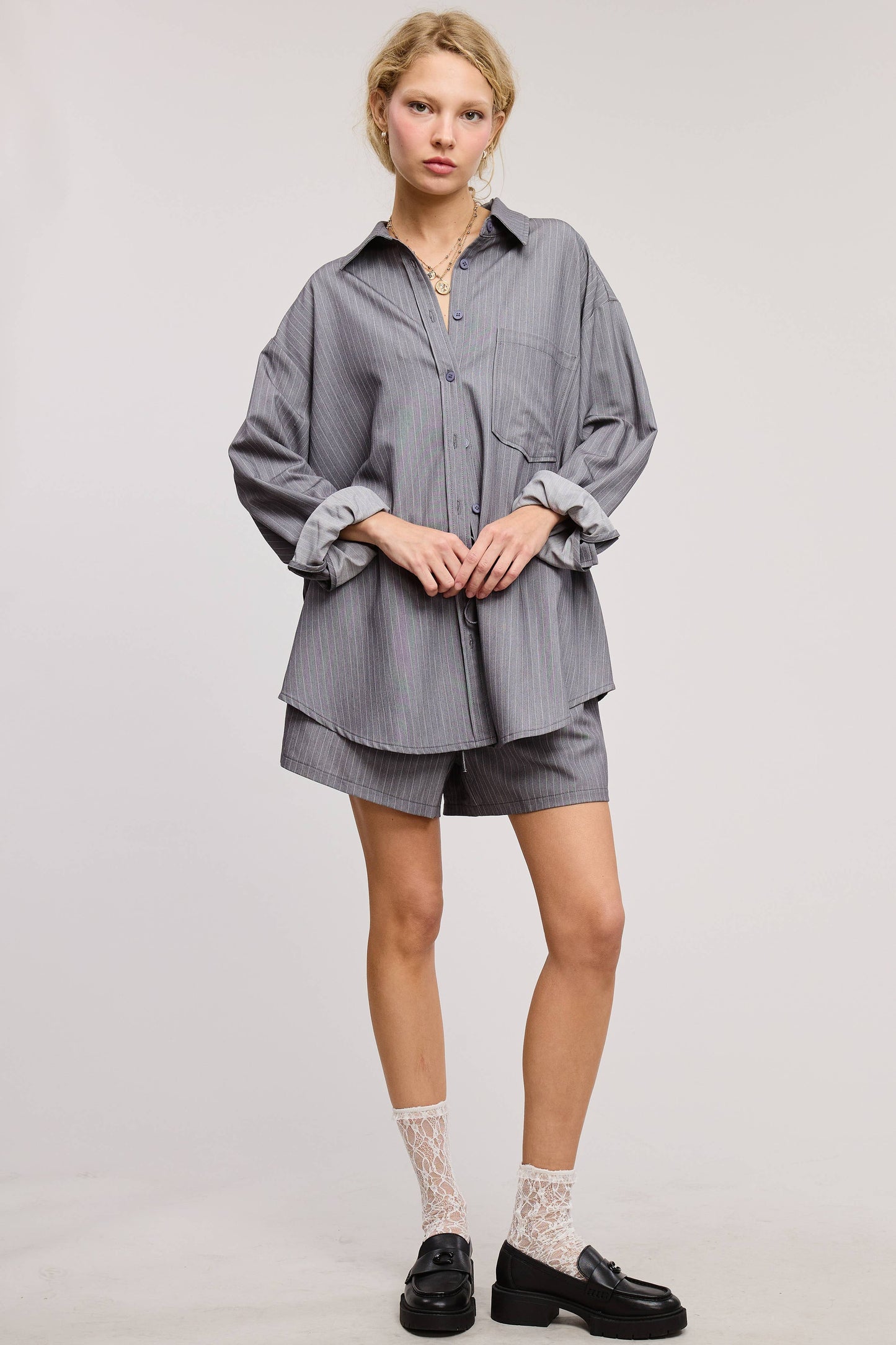 Gia Pinstripe Button Down Shirt and Shorts Set