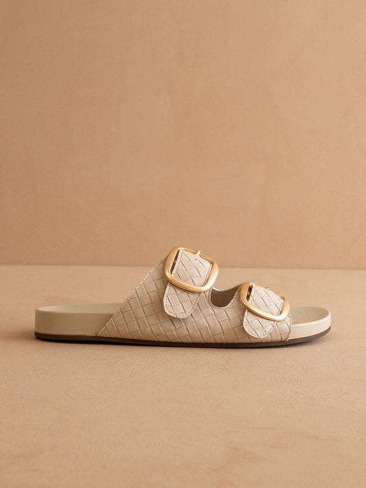 The Desiree | Beige Woven Slide with Oversized Gold Buckles